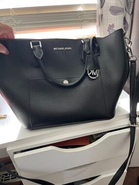 Michael Kors Black Leather Tote with Silver MK Charm